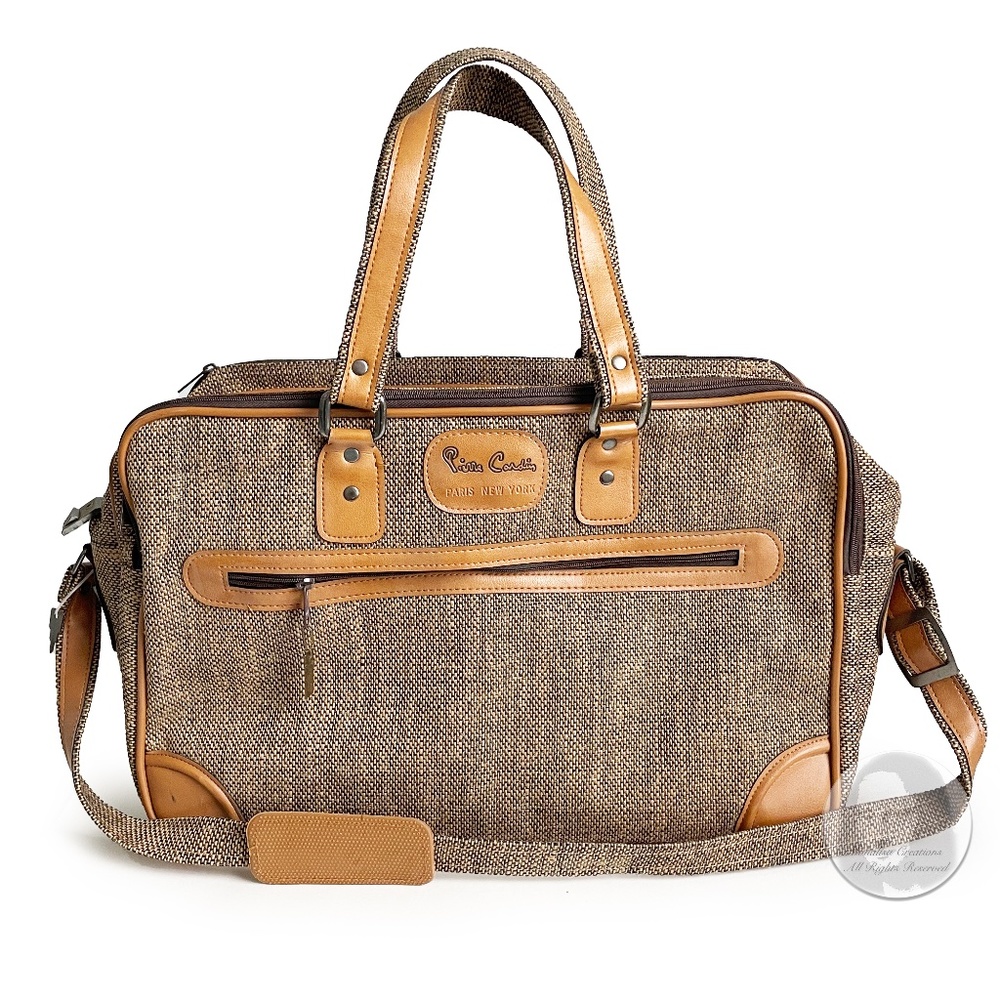 Vintage Pierre Cardin Carry On Bag Luggage Tan Tweed + Luggage Tag, Lock & Keys